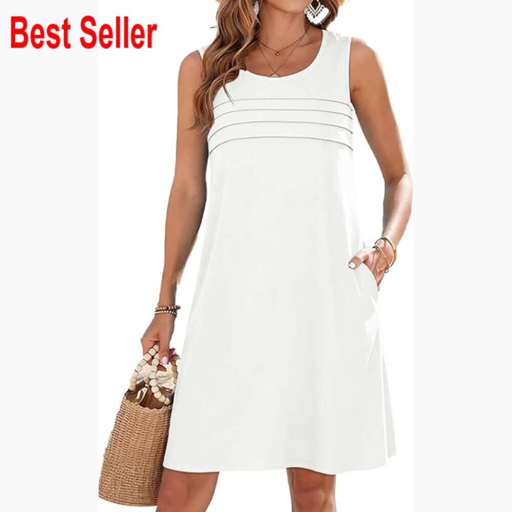 Cotton Polyester Sleeveless Tank Sundress with Pockets Pleated Front